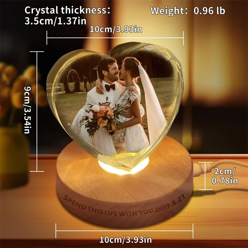 TinyGlow & Co™ Personalized Heart Crystal Photo Gift - Custom Laser Engraved Keepsake
