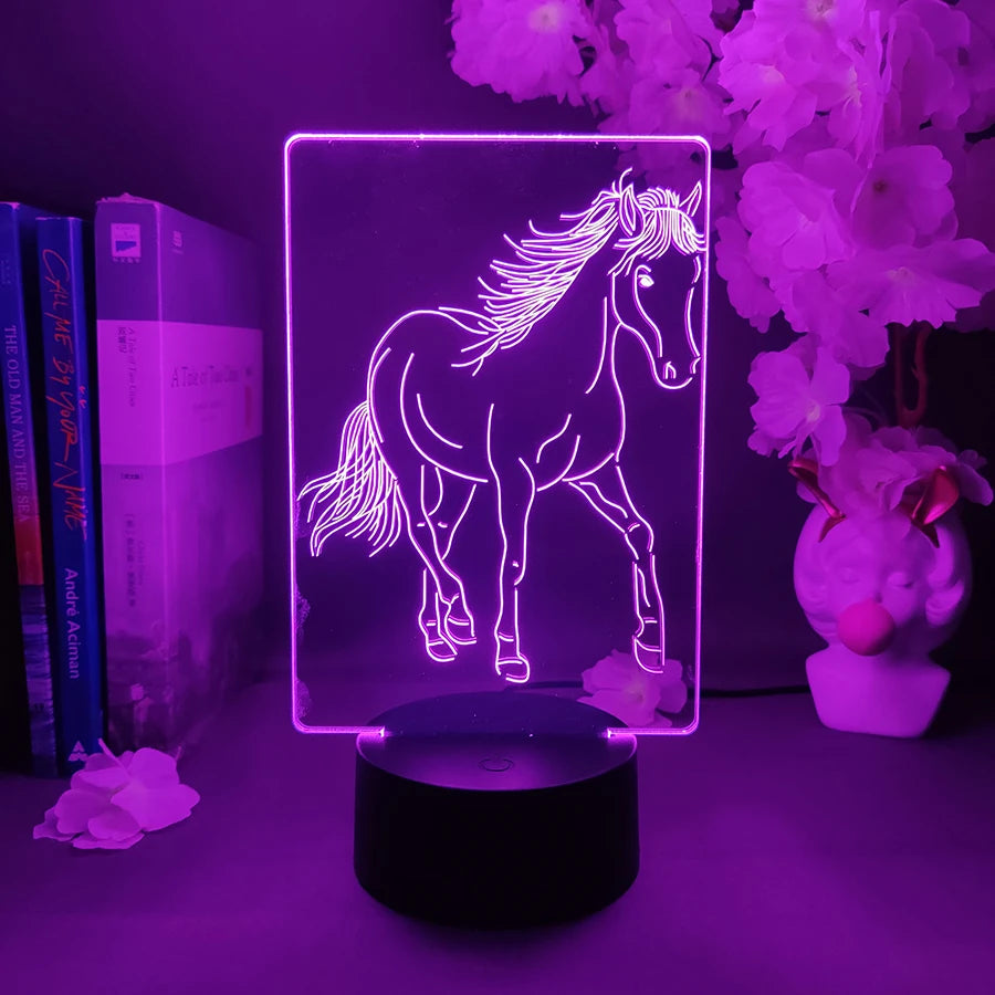 TinyGlow & Co™ Elegant Horse 3D Acrylic Illusion Lamp - 7 Color Nightlight for Cowboy Style Bedroom