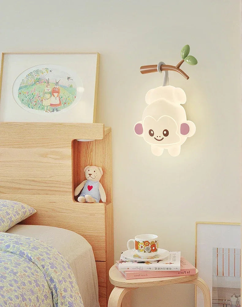 TinyGlow & Co™ Tree Branch Wall Lamp – Monkey & Bear LED Sconce for Kids Room