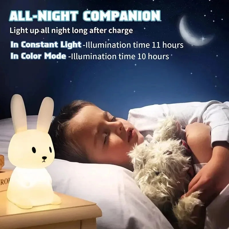 TinyGlow & Co™ Rabbit Silicone Night Light – Touch Sensor LED Lamp for Kids