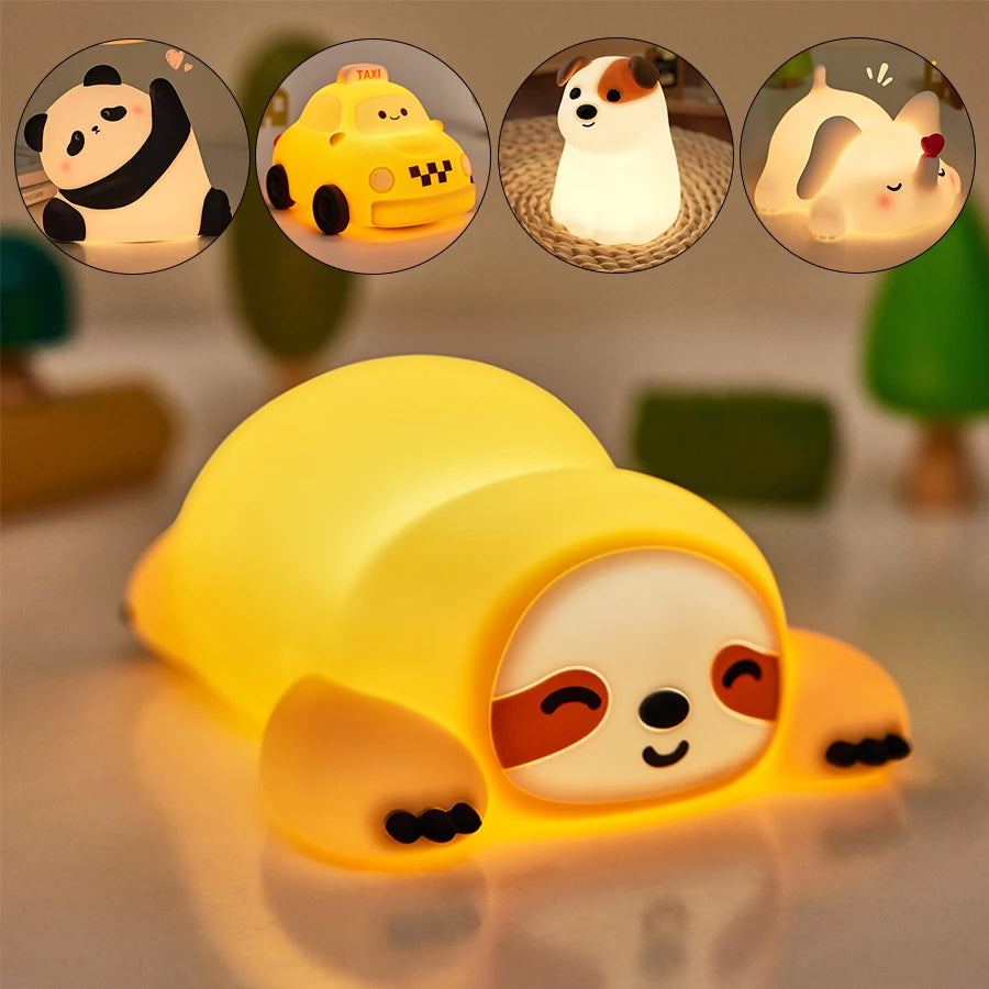 TinyGlow & Co™ Sloth Silicone LED Night Light – Rechargeable Dimmable Animal Lamp