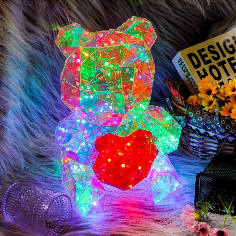 TinyGlow & Co™ LED Teddy Bear Lamp - Colorful Sparkling Rose Gift Light