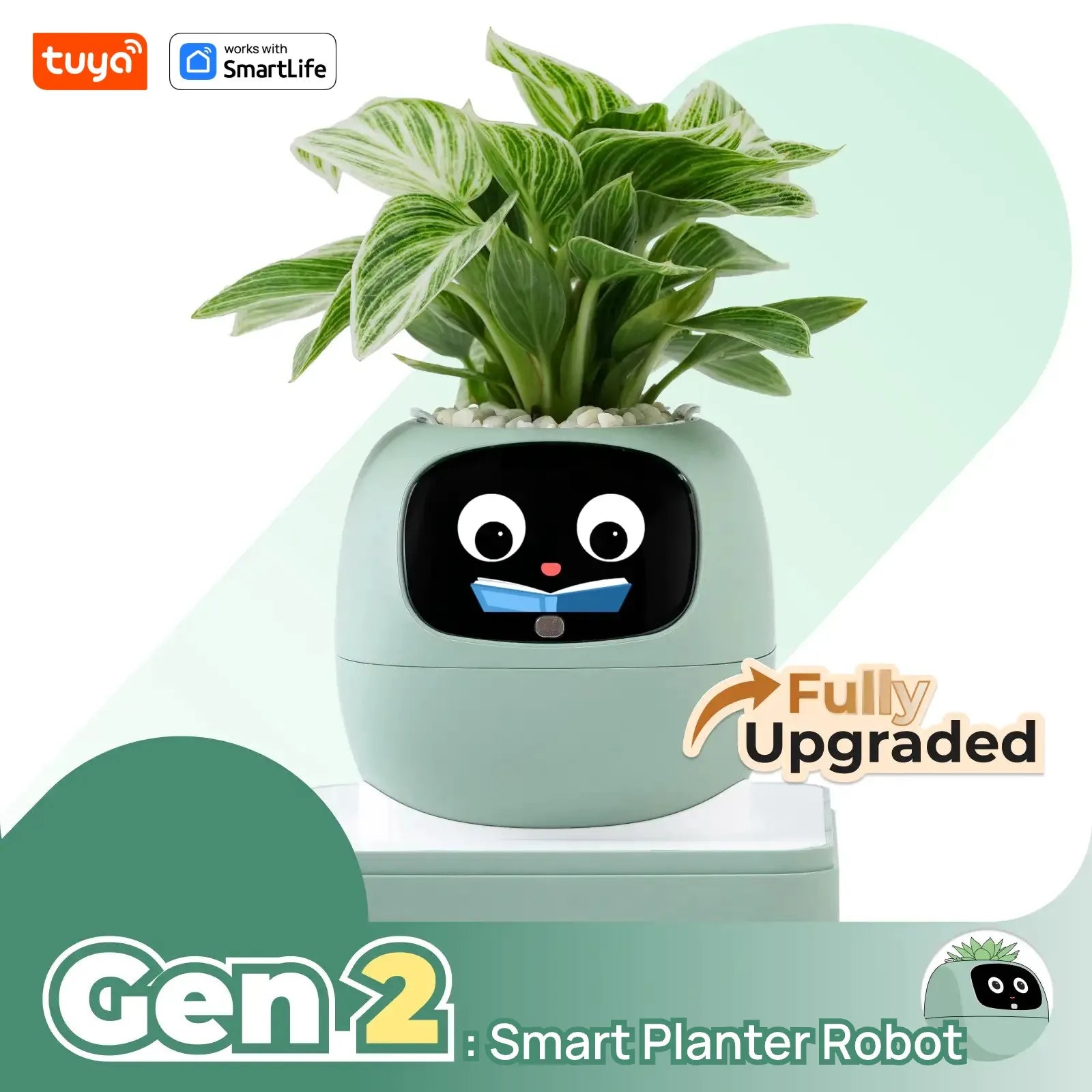 Smart planter robot with a plant on a light green background, featuring the Tuya SmartLife logo.