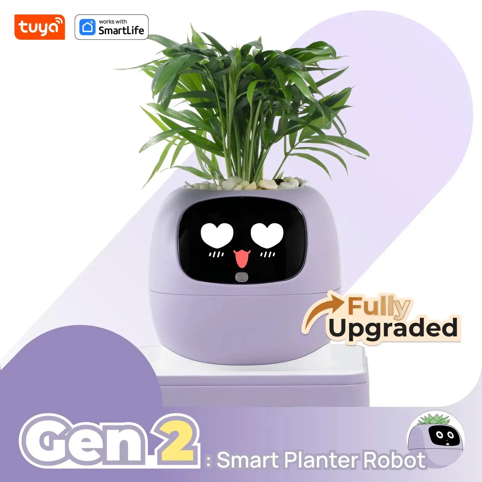 Smart planter robot with a face display on a white background, featuring the Tuya SmartLife logo.