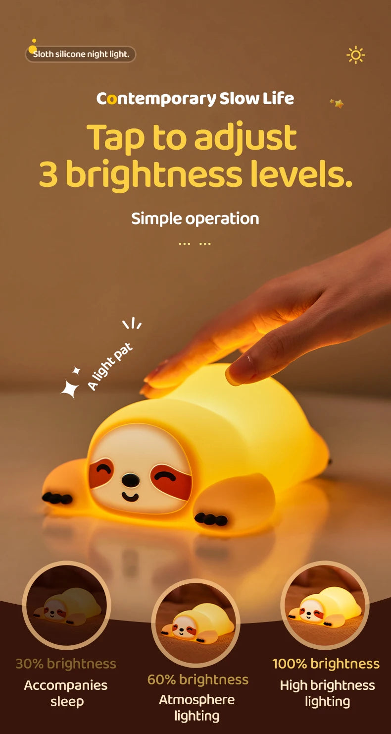 TinyGlow & Co™ Sloth Silicone LED Night Light – Rechargeable Dimmable Animal Lamp