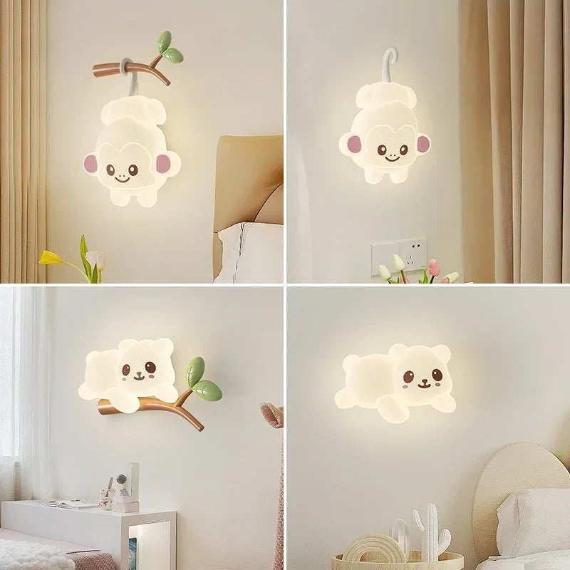 TinyGlow & Co™ Tree Branch Wall Lamp – Monkey & Bear LED Sconce for Kids Room