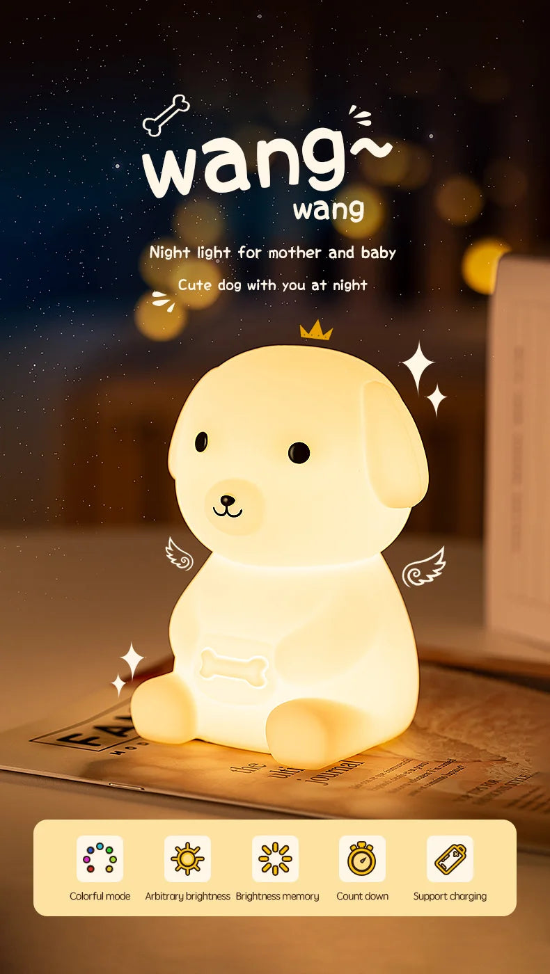 Cute Silicone LED  Puppy Night Light Animal Lamp Touch Sensor Dog Night Lamp Children Kid Bedside Bedroom Decor Birthday Gifts