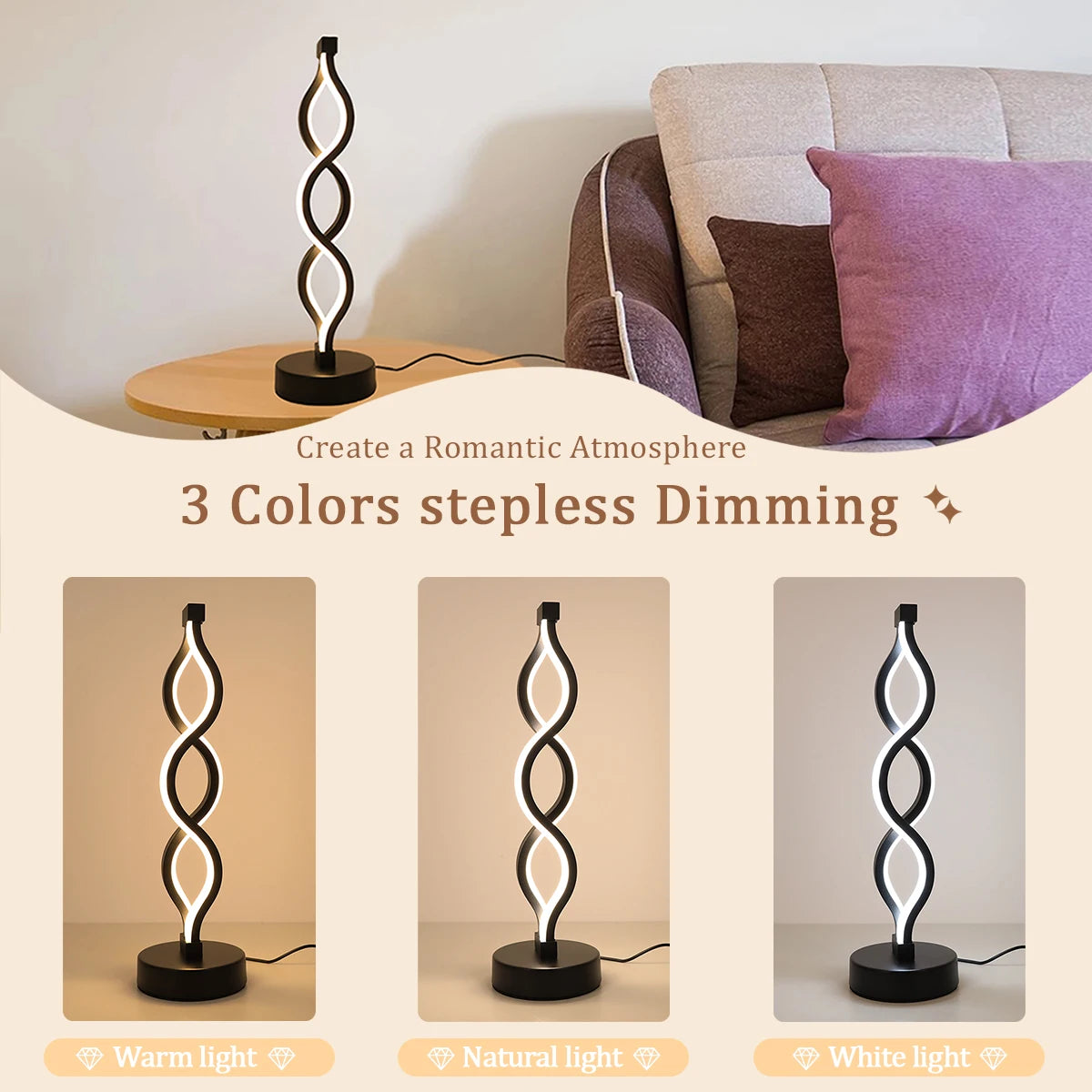 Modern spiral LED desk lamp button controlled USB tri color light suitable for bedside office, living room, dormitory decoration