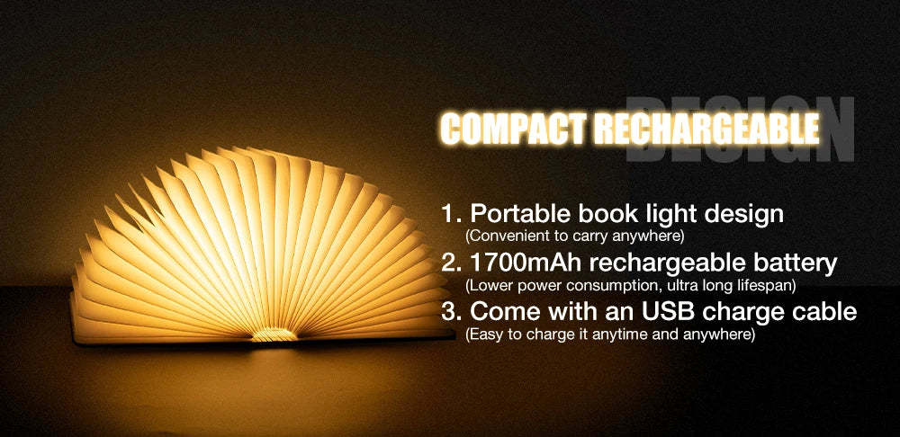 TinyGlow & Co™ Wooden Book Lamp – USB Rechargeable LED Reading Light for Kids