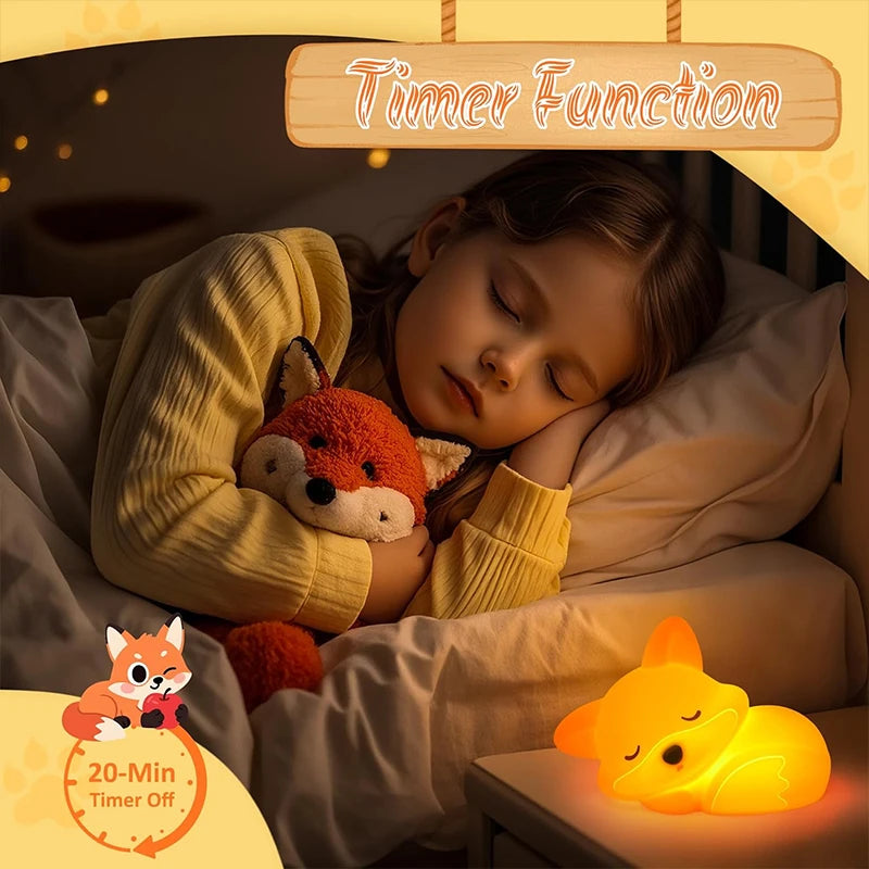 TinyGlow & Co™ Fox Silicone Night Light – Rechargeable Dimmable Timer Touch Lamp