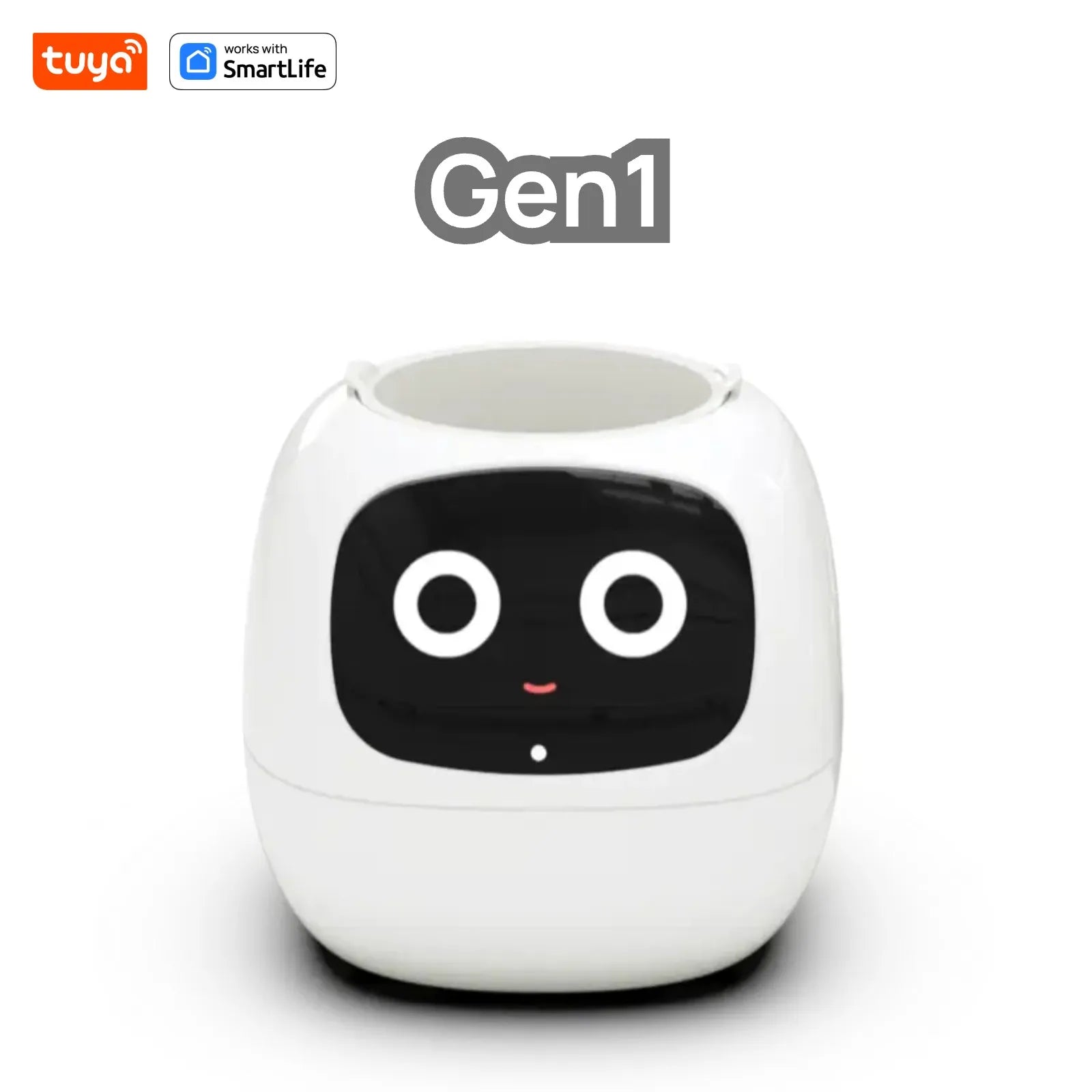 White round device with black face and eyes on a white background, featuring Tuya and SmartLife logos.