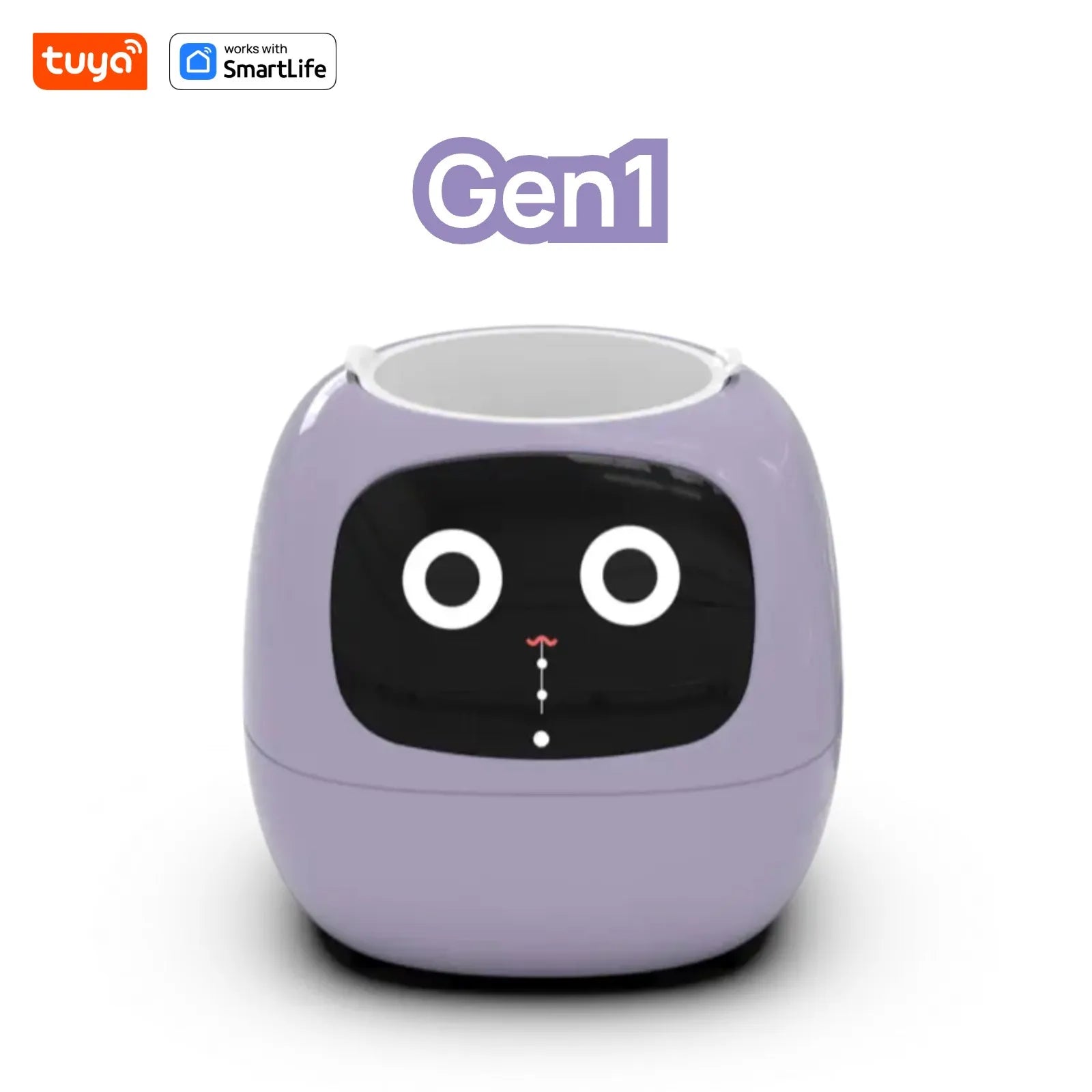 Purple round device with a face on a white background, featuring Tuya and SmartLife logos.
