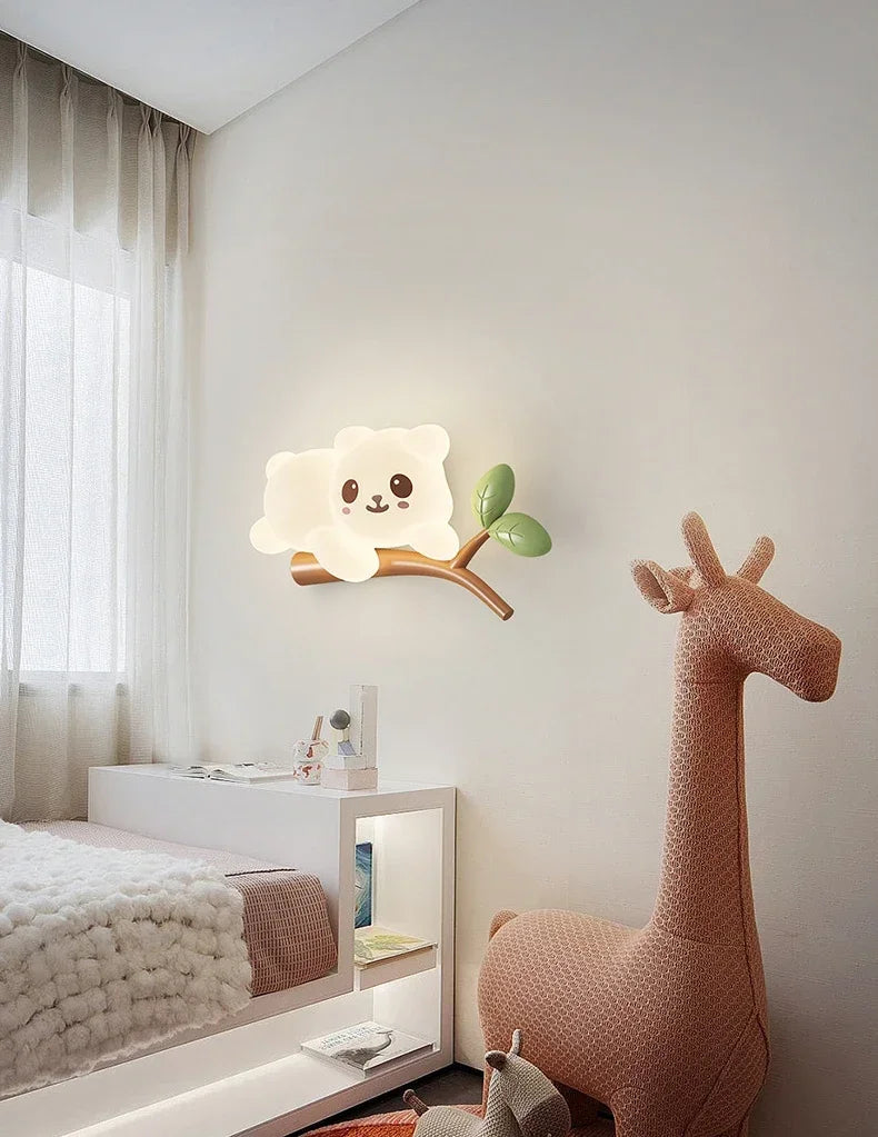 TinyGlow & Co™ Tree Branch Wall Lamp – Monkey & Bear LED Sconce for Kids Room