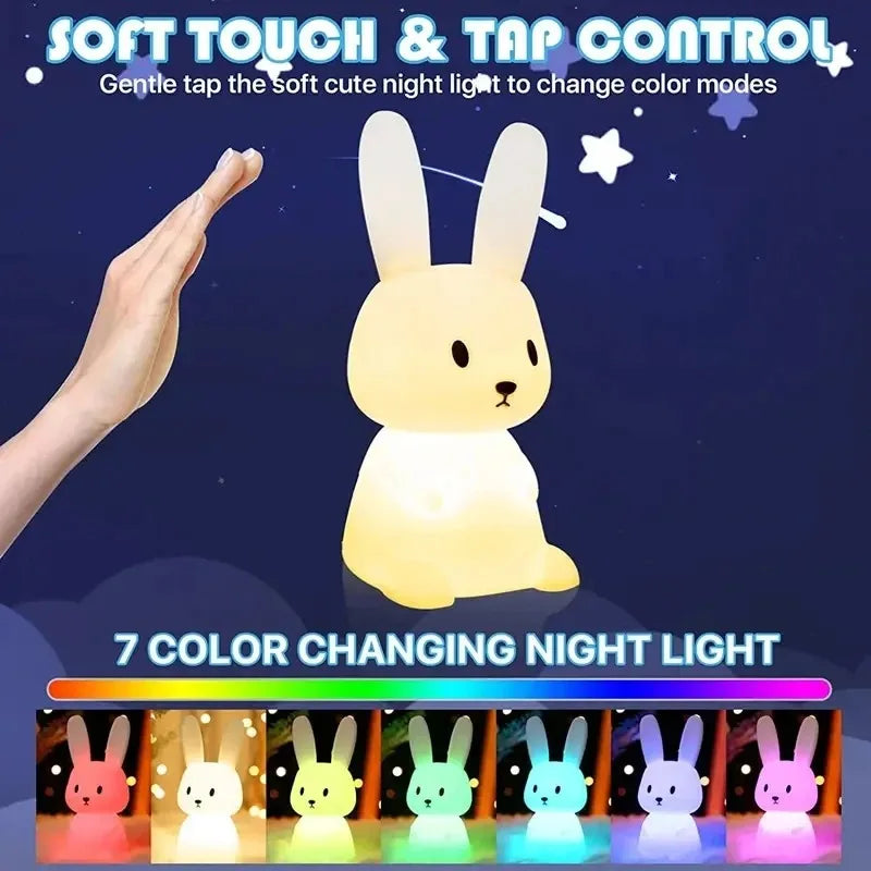 TinyGlow & Co™ Rabbit Silicone Night Light – Touch Sensor LED Lamp for Kids