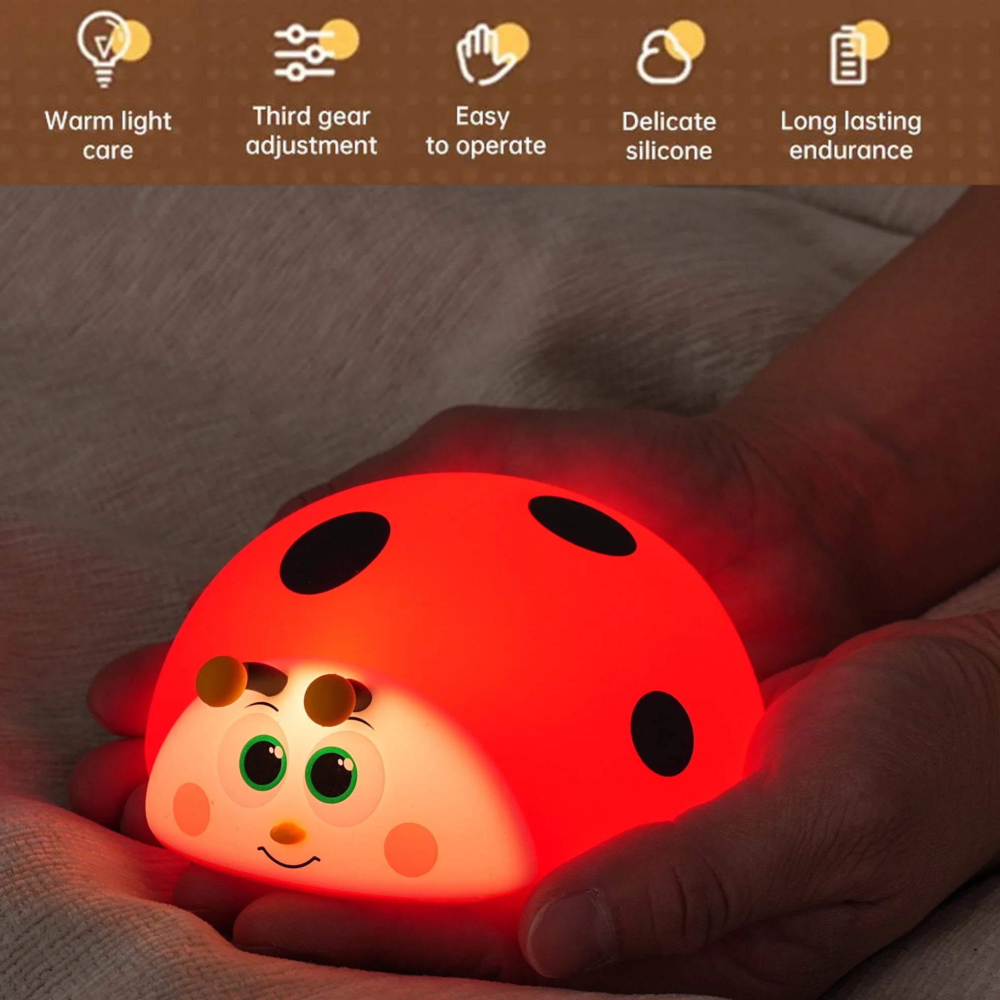 TinyGlow & Co™ Ladybug Silicone Night Light – USB Rechargeable Touch Control Lamp