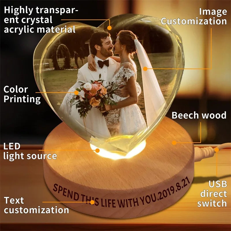 TinyGlow & Co™ Personalized Heart Crystal Photo Gift - Custom Laser Engraved Keepsake