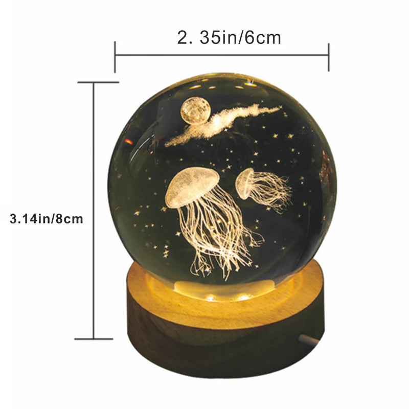 TinyGlow & Co™ 3D Jellyfish Crystal Ball LED Night Light – Laser Engraved Ambient Lamp