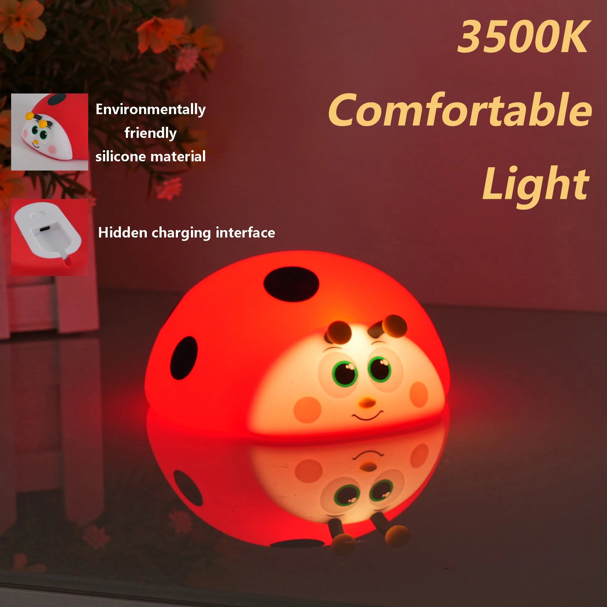 Cute Ladybug Night Light Silicone Nursery Sleeping Lamp Touch Control Nightlights USB Rechargeable Table Lamp for Baby Child