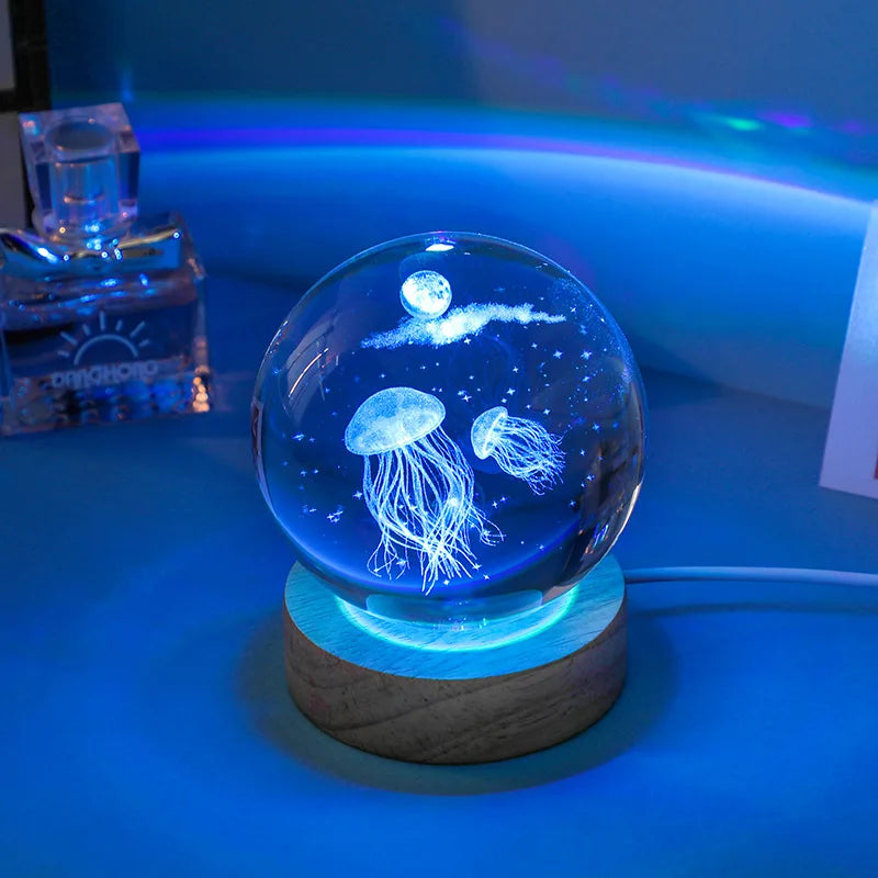 TinyGlow & Co™ 3D Jellyfish Crystal Ball LED Night Light – Laser Engraved Ambient Lamp