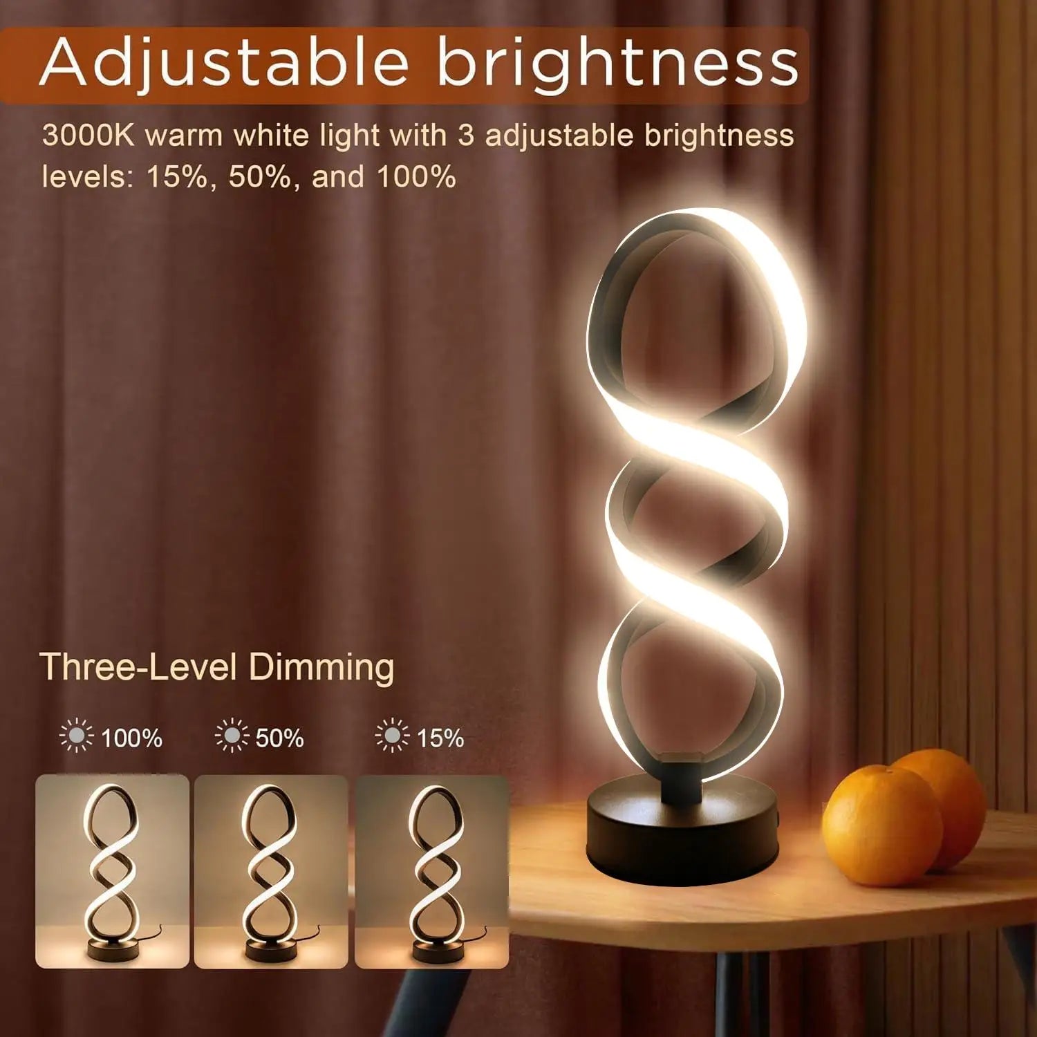 Creative spiral LED table lamp, adjustable in 3 colors, USB power supply, suitable for home bedrooms, offices, and study rooms