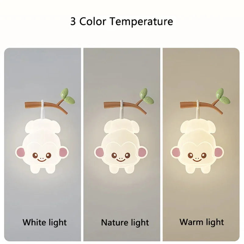 TinyGlow & Co™ Tree Branch Wall Lamp – Monkey & Bear LED Sconce for Kids Room