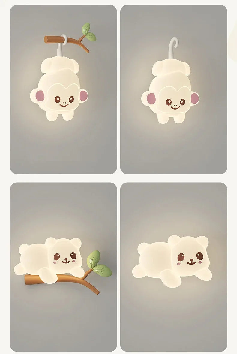 TinyGlow & Co™ Tree Branch Wall Lamp – Monkey & Bear LED Sconce for Kids Room