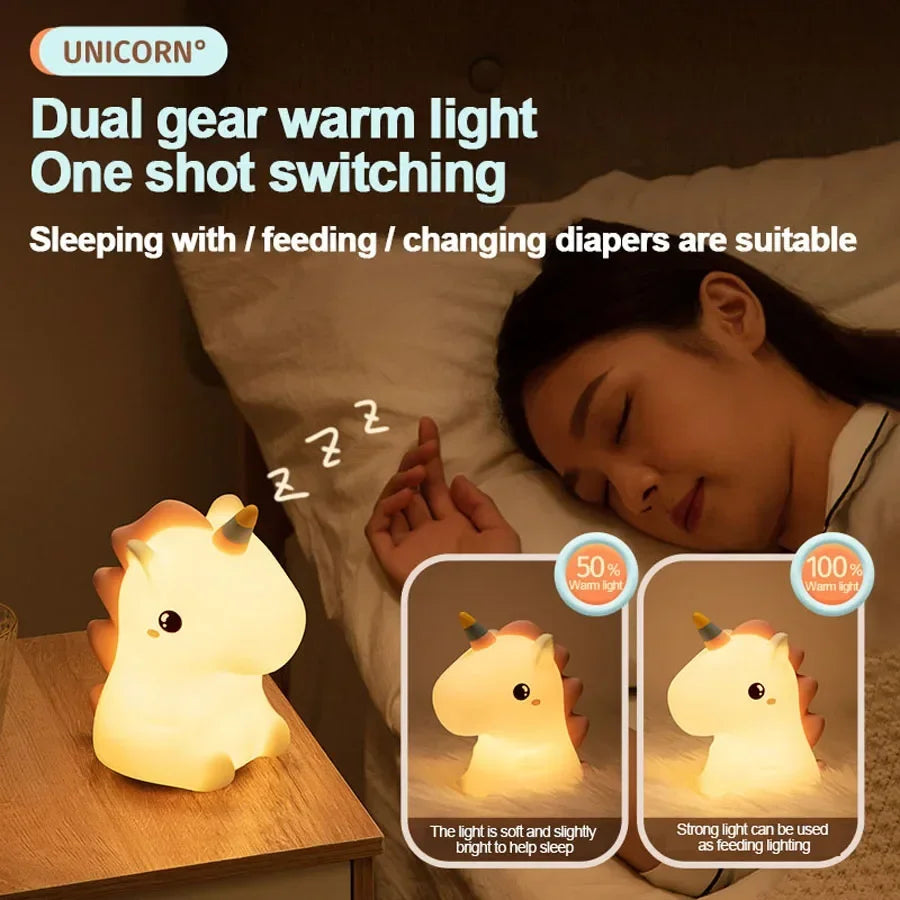 unicorn Cute Silicone LED Night Light For Kids children USB Rechargeable Cartoon Animal bedroom decor for Touch Night Lamp gifts