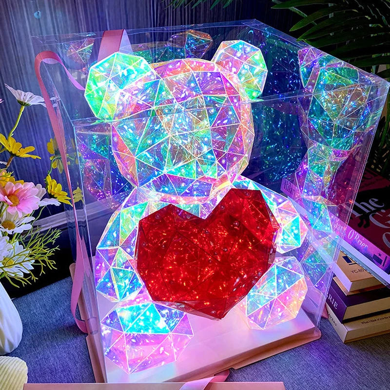 TinyGlow & Co™ LED Teddy Bear Lamp - Colorful Sparkling Rose Gift Light