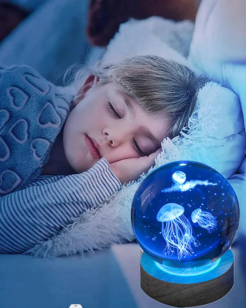 TinyGlow & Co™ 3D Jellyfish Crystal Ball LED Night Light – Laser Engraved Ambient Lamp