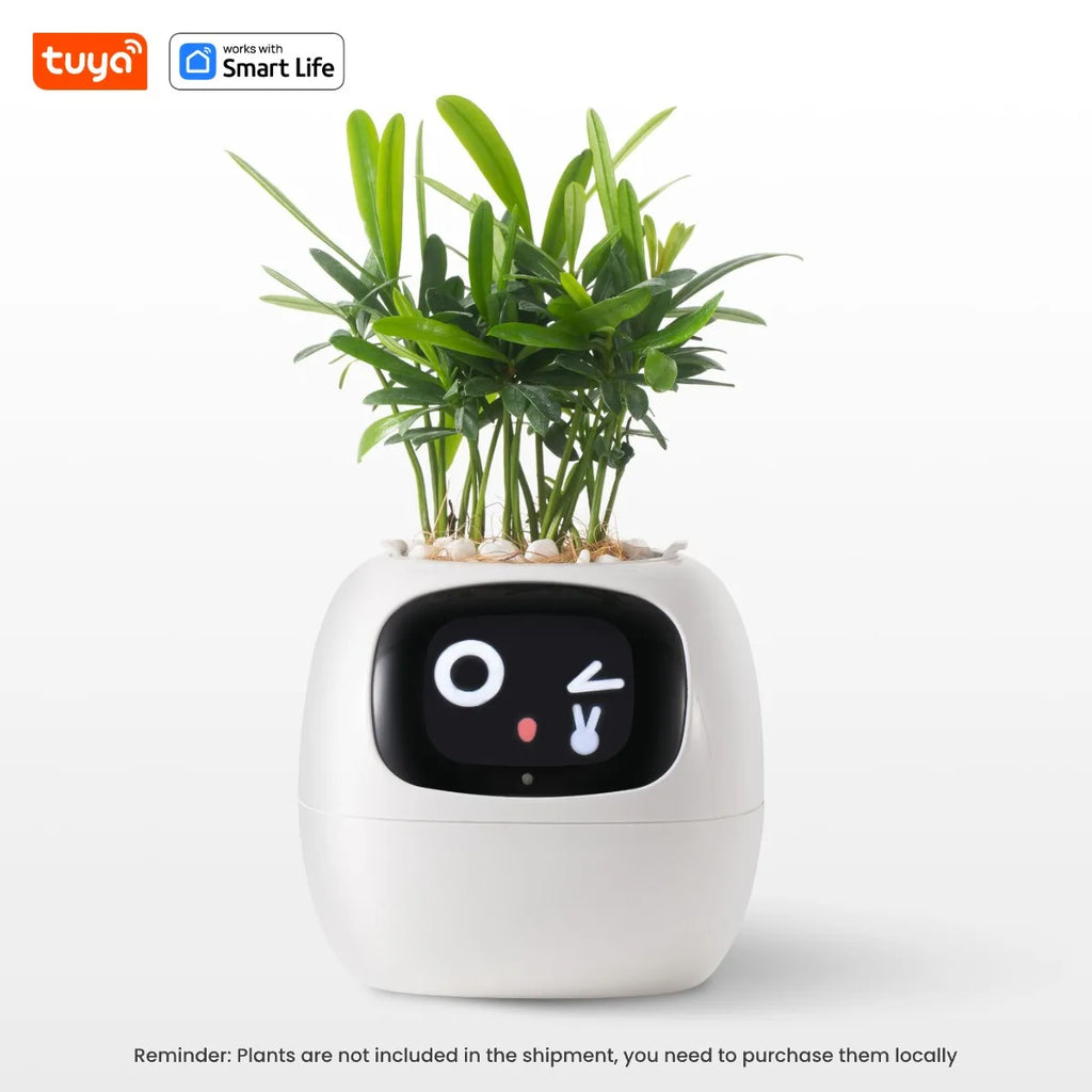 Smart plant pot with facial features on a white background, featuring Tuya Smart Life logo.