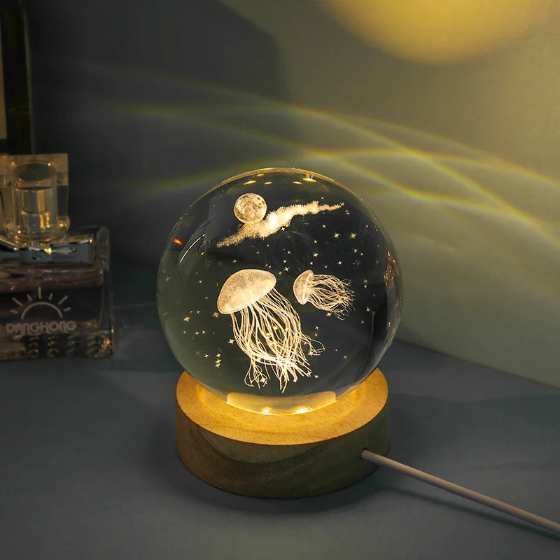 TinyGlow & Co™ 3D Jellyfish Crystal Ball LED Night Light – Laser Engraved Ambient Lamp