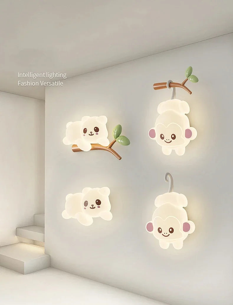 TinyGlow & Co™ Tree Branch Wall Lamp – Monkey & Bear LED Sconce for Kids Room
