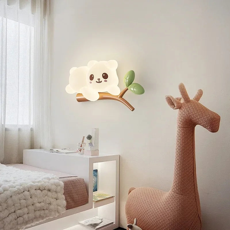 TinyGlow & Co™ Tree Branch Wall Lamp – Monkey & Bear LED Sconce for Kids Room