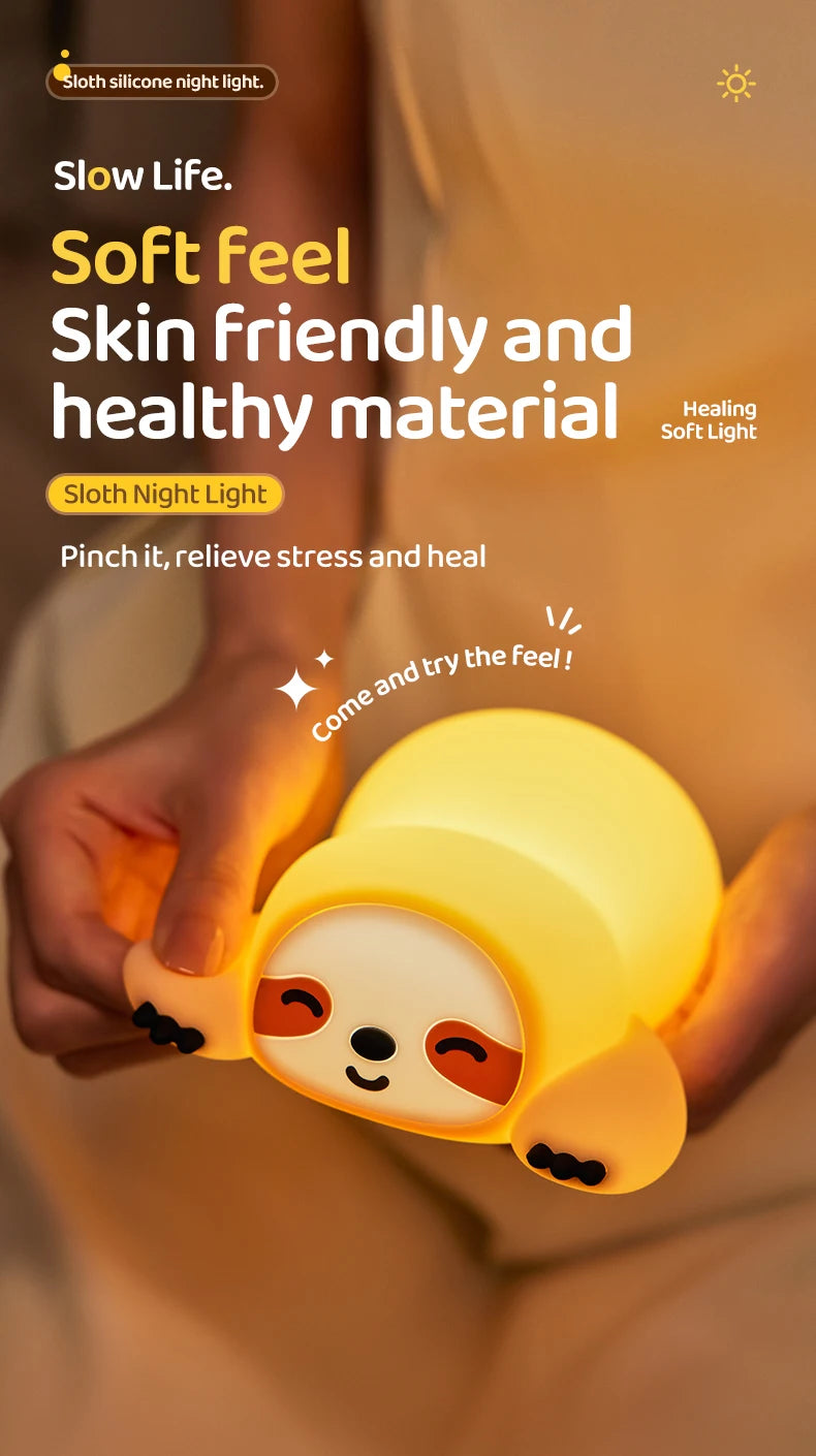 TinyGlow & Co™ Sloth Silicone LED Night Light – Rechargeable Dimmable Animal Lamp