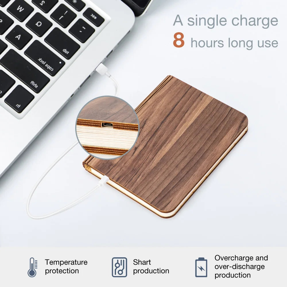 TinyGlow & Co™ Wooden Book Lamp – USB Rechargeable LED Reading Light for Kids