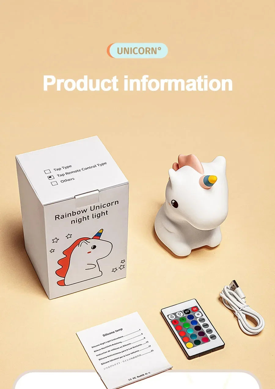 unicorn Cute Silicone LED Night Light For Kids children USB Rechargeable Cartoon Animal bedroom decor for Touch Night Lamp gifts
