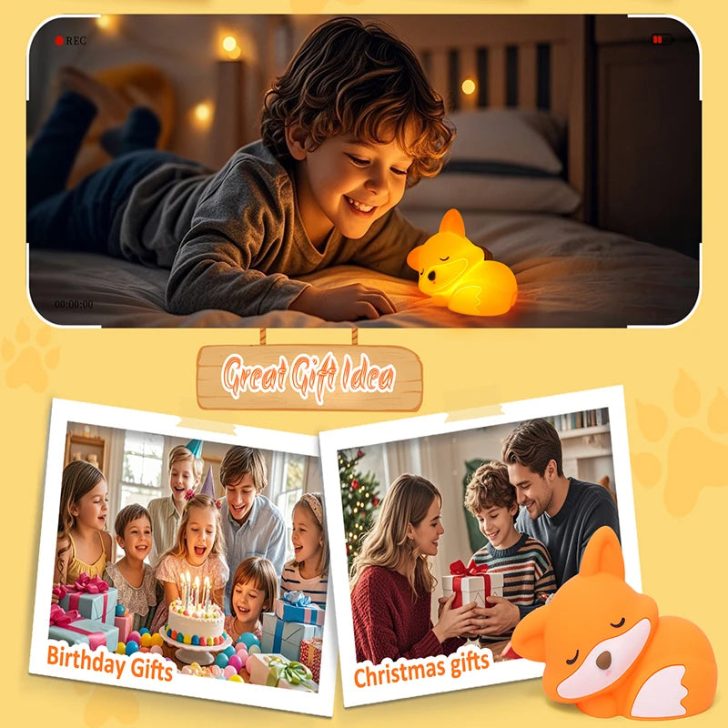 TinyGlow & Co™ Fox Silicone Night Light – Rechargeable Dimmable Timer Touch Lamp