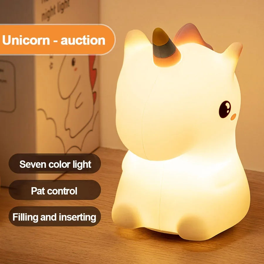 unicorn Cute Silicone LED Night Light For Kids children USB Rechargeable Cartoon Animal bedroom decor for Touch Night Lamp gifts
