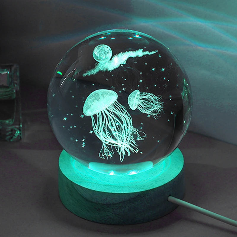 TinyGlow & Co™ 3D Jellyfish Crystal Ball LED Night Light – Laser Engraved Ambient Lamp