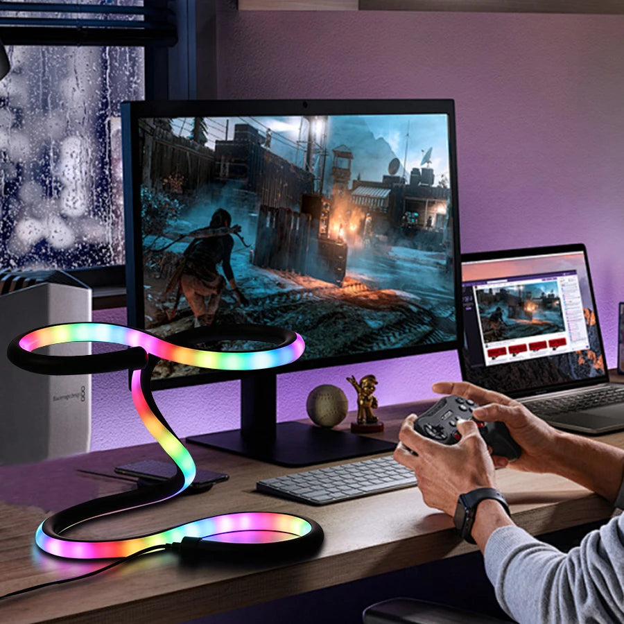 Modern Spiral LED Table Lamp, USB Powered Cast Iron Desk Light with Color Changing Feature, Minimalist RGB Illusion Lamp for Bed