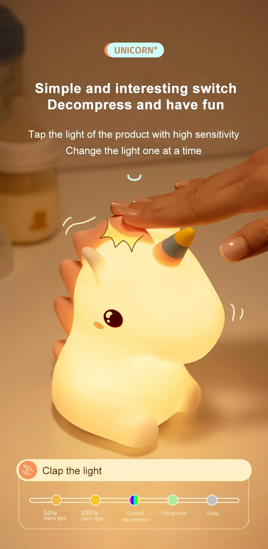 unicorn Cute Silicone LED Night Light For Kids children USB Rechargeable Cartoon Animal bedroom decor for Touch Night Lamp gifts