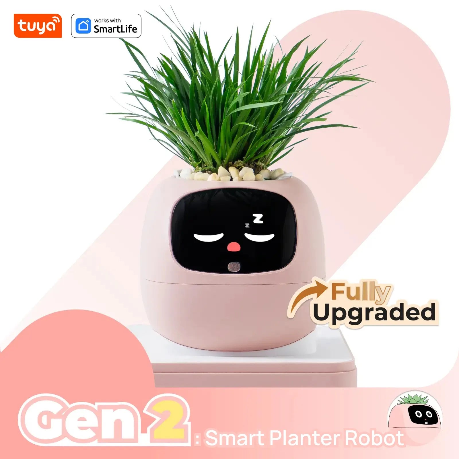 Smart planter robot with a face on a white background, featuring Tuya and SmartLife logos.