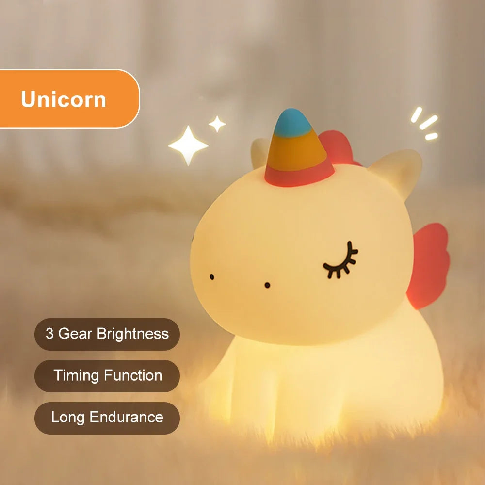 unicorn Cute Silicone LED Night Light For Kids children USB Rechargeable Cartoon Animal bedroom decor for Touch Night Lamp gifts