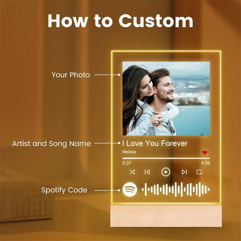 TinyGlow & Co™ Custom Acrylic Music Plaque with LED Light - Personalized Song & Photo Frame