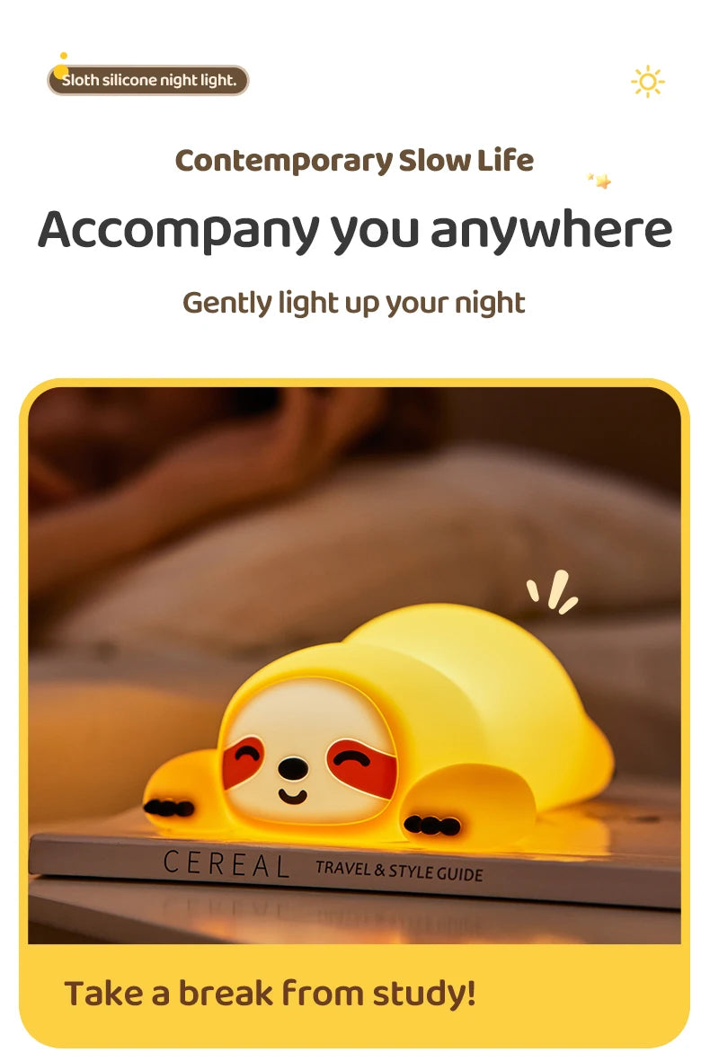 TinyGlow & Co™ Sloth Silicone LED Night Light – Rechargeable Dimmable Animal Lamp