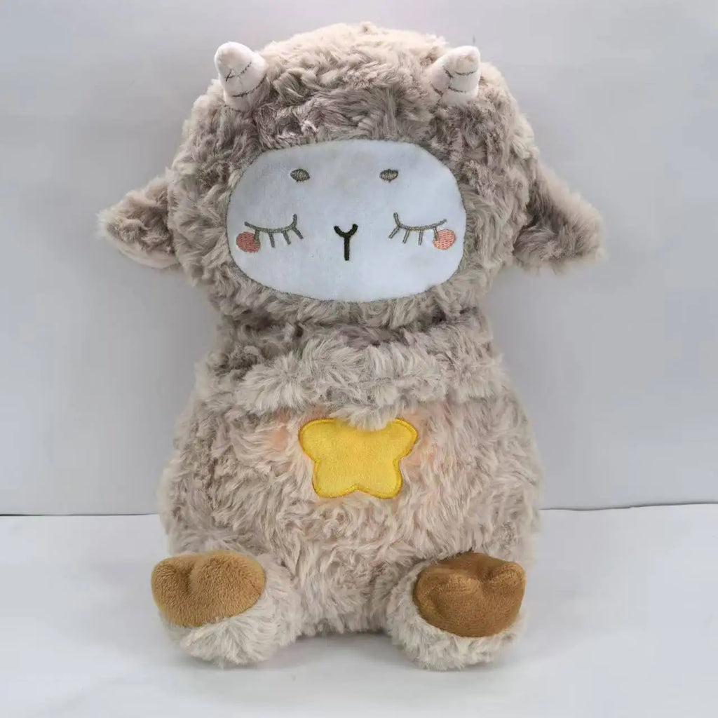 Plush toy sheep with a white face and brown body on a light gray background
