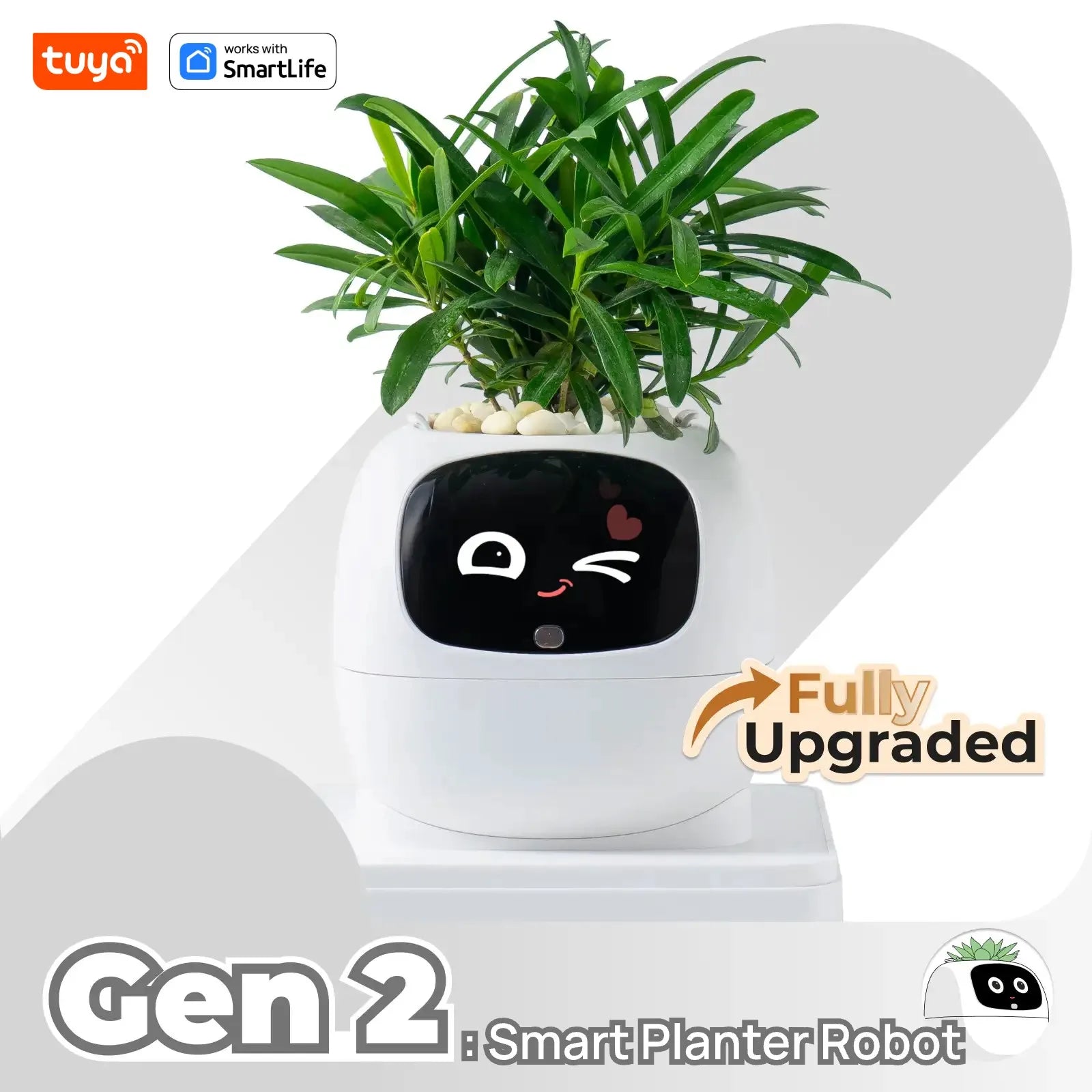 Smart planter robot with a plant, Tuya logo, and 'Fully Upgraded Gen 2' text on a white background.