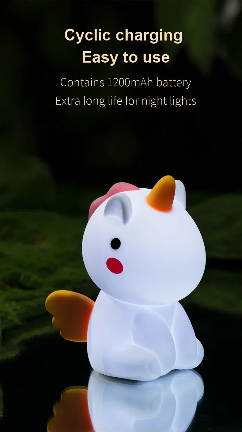 unicorn Cute Silicone LED Night Light For Kids children USB Rechargeable Cartoon Animal bedroom decor for Touch Night Lamp gifts