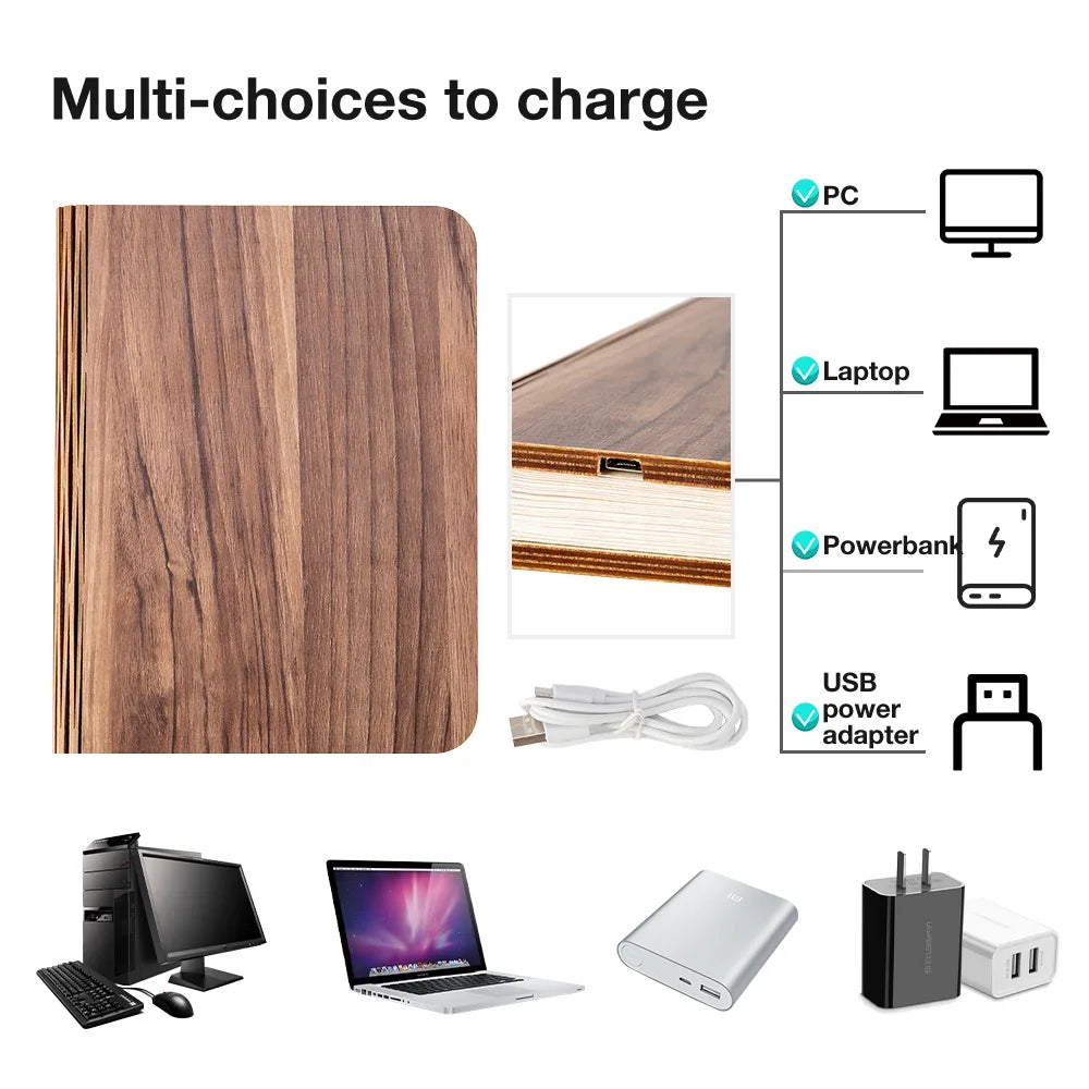TinyGlow & Co™ Wooden Book Lamp – USB Rechargeable LED Reading Light for Kids