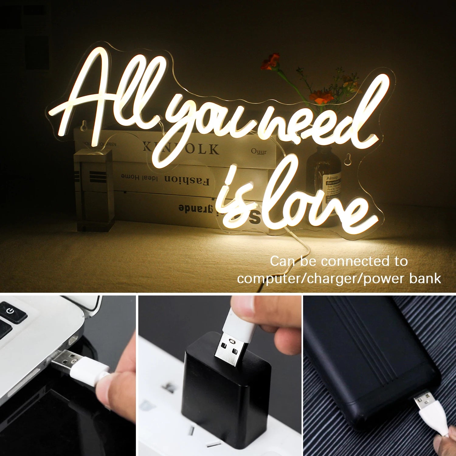 TinyGlow & Co™ All You Need is Love LED Neon Sign - Custom Wall Art Light for Bedroom & Wedding